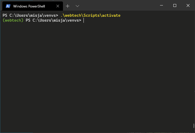 Voorbeeld van een geactiveerde virtuele omgeving in Windows PowerShell