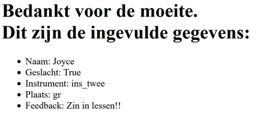 bedankt.html met daarin de ingevulde waarden van de enquete