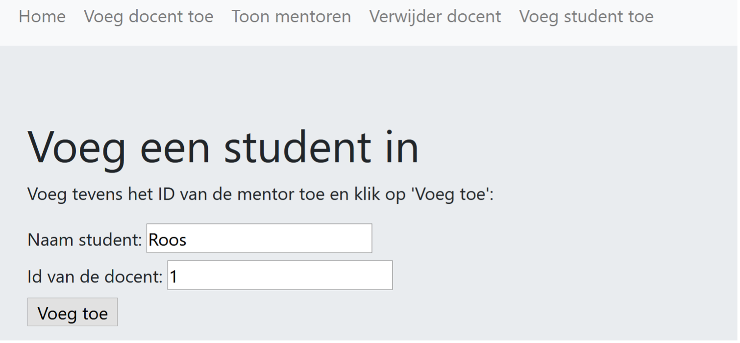 Docent Bart (met Id 1) wordt toegevoegd als mentor van student Roos