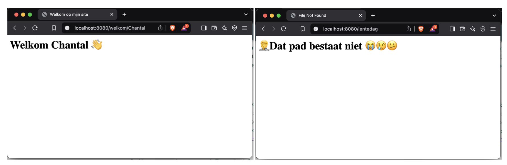 Pagina zoals het hoort (links) en een standaard 404 (rechts)