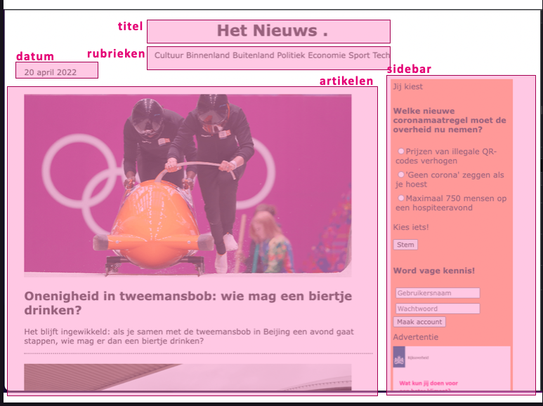 De start van de nieuwssite voorzien van de onderdelen