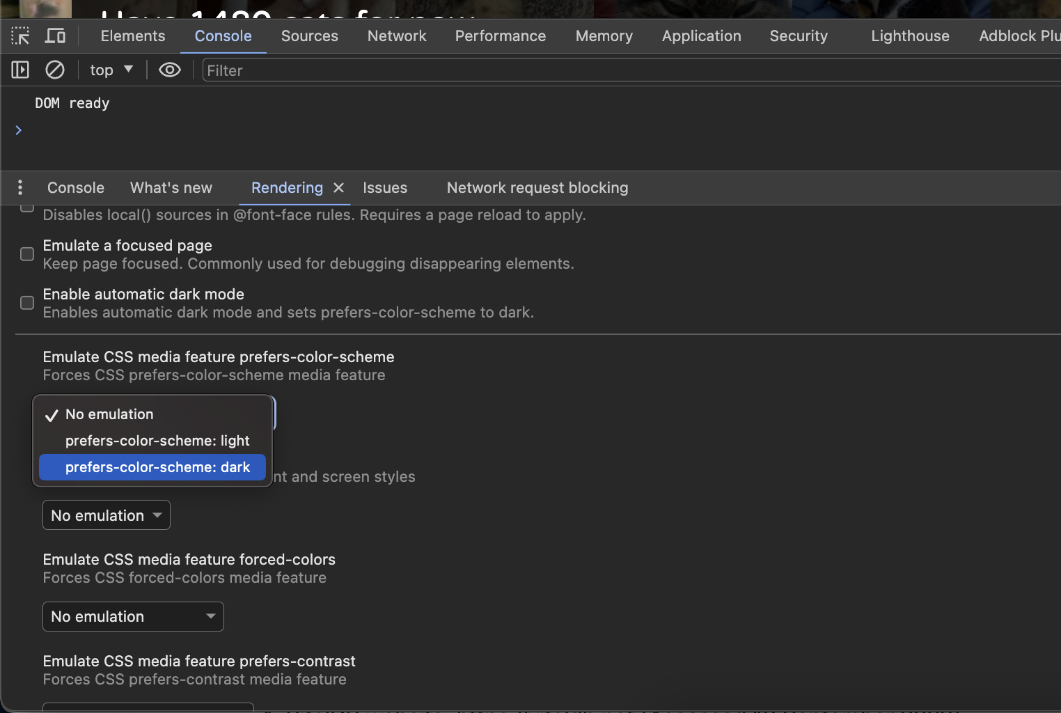 developer tools om prefers-color-scheme te checken
