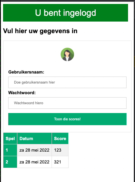De hele pagina inclusief de scores